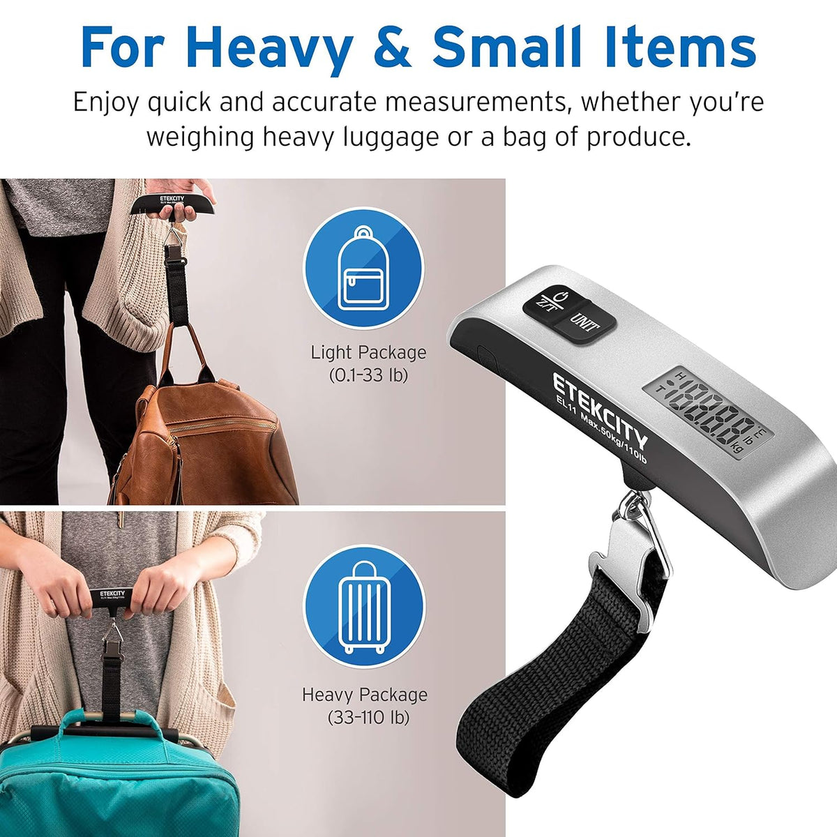 Luggage Scale, Travel Essentials, Digital Suitcase Weight Scales for Travel Accessories, Hanging Baggage Scale with Hook, 110 Pounds, Battery Included, Silver | Travel Essentials, Air Travel, Suitcase, Hanging Hook, Rubber Grip, Battery Included, Easy-To-