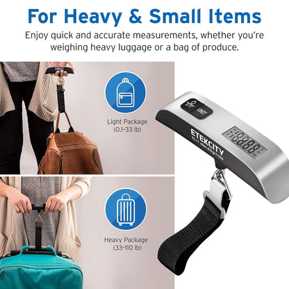Luggage Scale, Travel Essentials, Digital Suitcase Weight Scales for Travel Accessories, Hanging Baggage Scale with Hook, 110 Pounds, Battery Included, Silver | Travel Essentials, Air Travel, Suitcase, Hanging Hook, Rubber Grip, Battery Included, Easy-To-