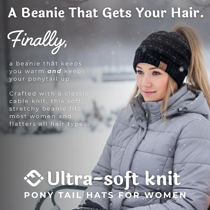 Ponytail Beanie for Women - Winter Hat Soft Stretch Cable Knit High Pony Tail Womens Running Hats