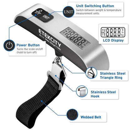 Luggage Scale, Travel Essentials, Digital Suitcase Weight Scales for Travel Accessories, Hanging Baggage Scale with Hook, 110 Pounds, Battery Included, Silver | Travel Essentials, Air Travel, Suitcase, Hanging Hook, Rubber Grip, Battery Included, Easy-To-
