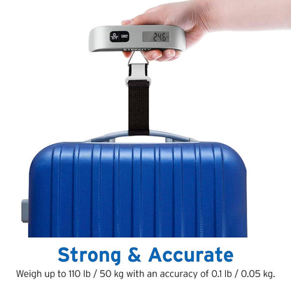 Luggage Scale, Travel Essentials, Digital Suitcase Weight Scales for Travel Accessories, Hanging Baggage Scale with Hook, 110 Pounds, Battery Included, Silver | Travel Essentials, Air Travel, Suitcase, Hanging Hook, Rubber Grip, Battery Included, Easy-To-