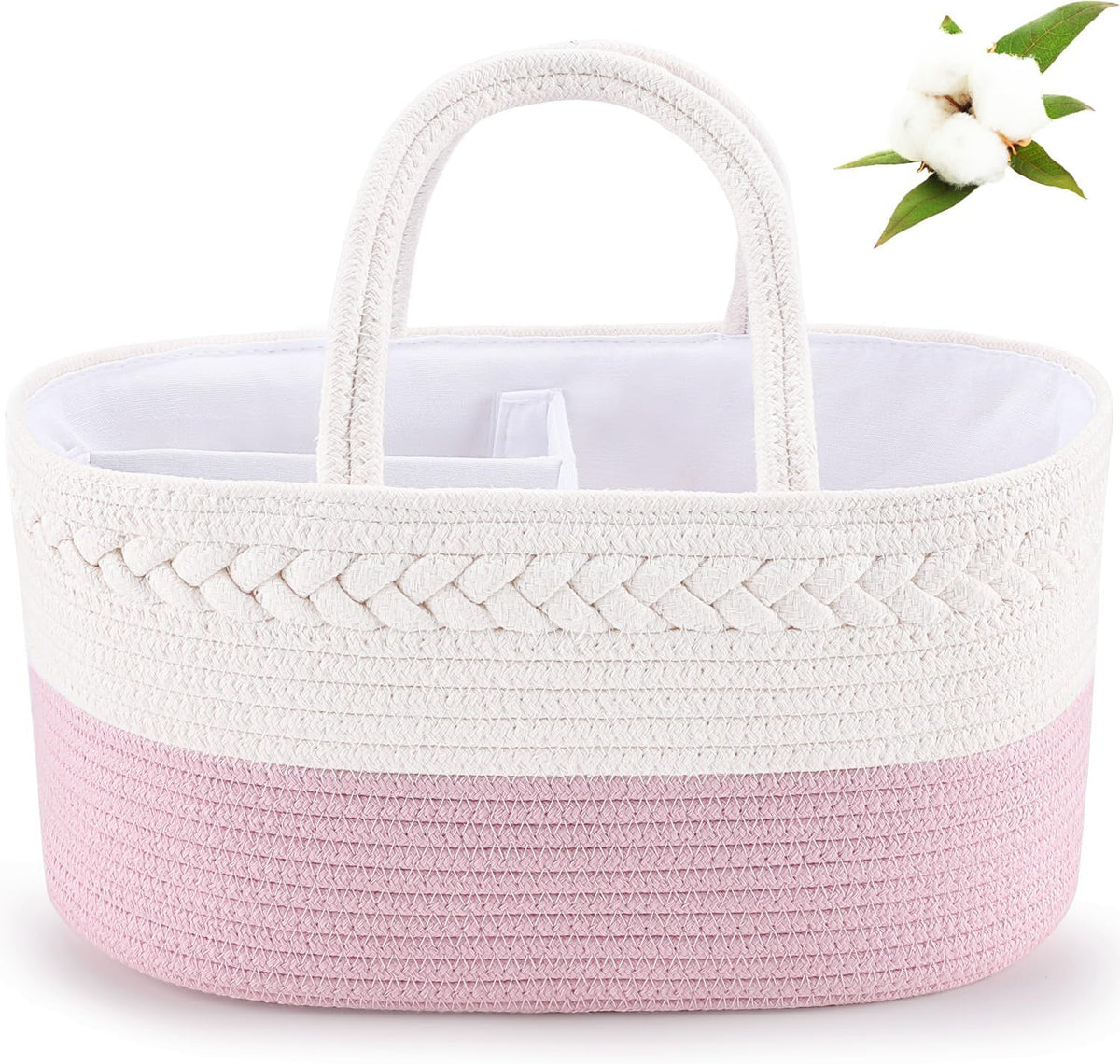 Diaper Caddy Organizer, Rope Woven Storage Baske, Pink | Cotton Rope, Nursery Storage Basket for Car & Changing Table | Holds Diapers, Wipes & Baby Essentials | Durable