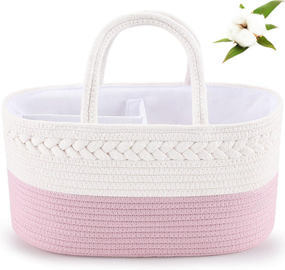 Diaper Caddy Organizer, Rope Woven Storage Baske, Pink | Cotton Rope, Nursery Storage Basket for Car & Changing Table | Holds Diapers, Wipes & Baby Essentials | Durable