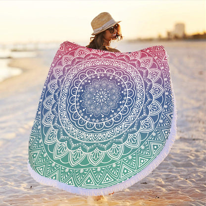 Oversize round Mandala Beach Towel Blanket, Circle Microfiber Bohemian Boho Quick Dry Super Water Absorbent Towel, Hippy Gypsy Yoga Mat Picnic Table Mediation Throw Tapestry with Tassel Ultra ,59”