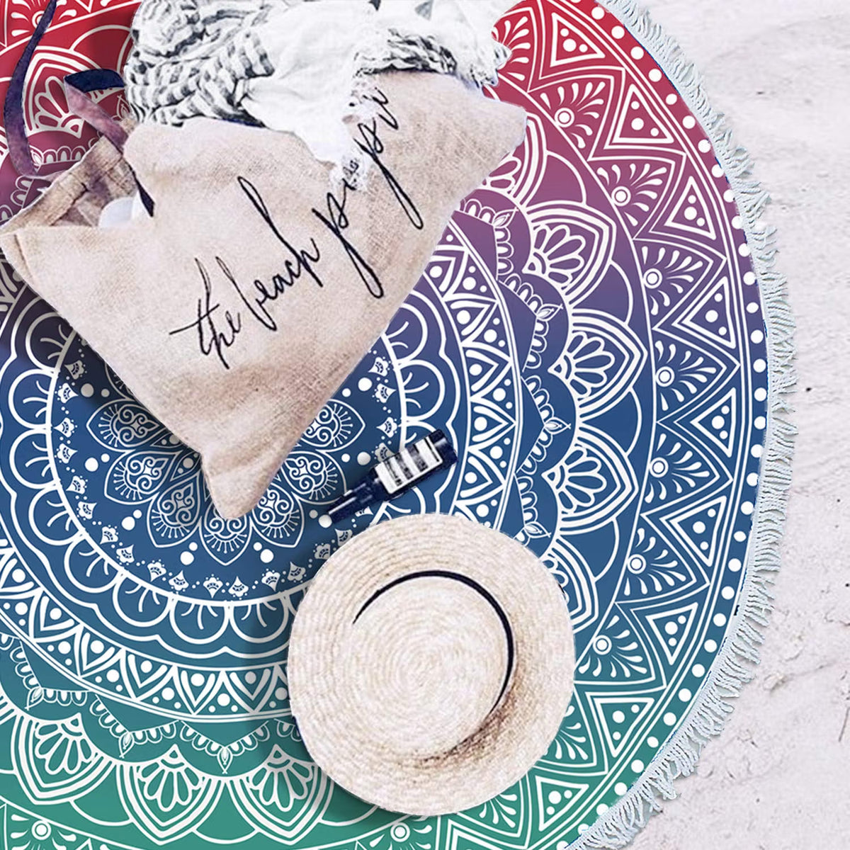 Oversize round Mandala Beach Towel Blanket, Circle Microfiber Bohemian Boho Quick Dry Super Water Absorbent Towel, Hippy Gypsy Yoga Mat Picnic Table Mediation Throw Tapestry with Tassel Ultra ,59”