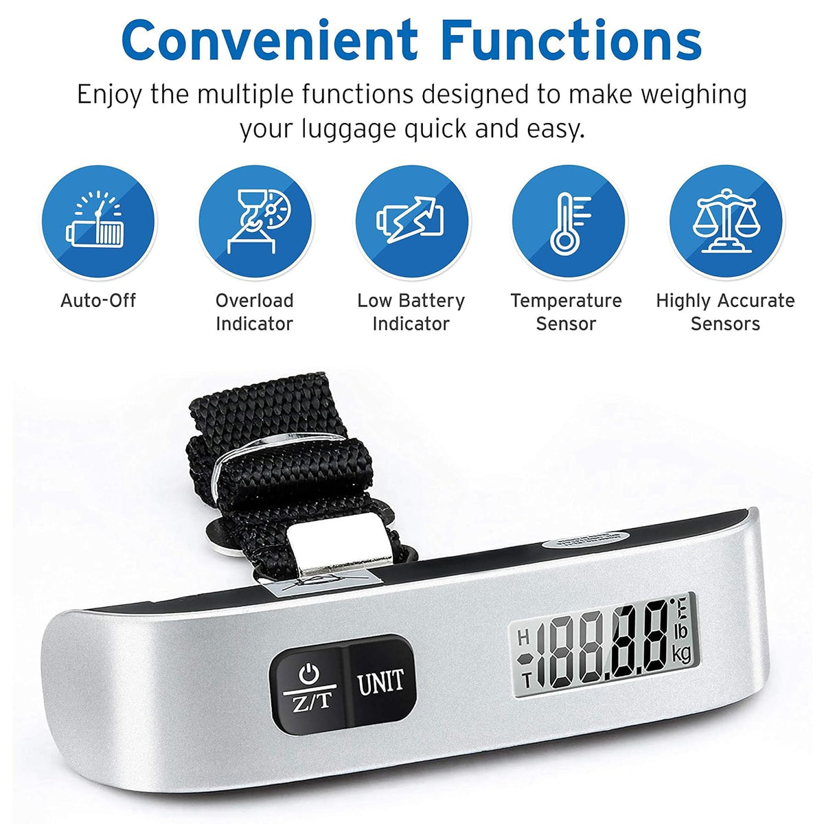 Luggage Scale, Travel Essentials, Digital Suitcase Weight Scales for Travel Accessories, Hanging Baggage Scale with Hook, 110 Pounds, Battery Included, Silver | Travel Essentials, Air Travel, Suitcase, Hanging Hook, Rubber Grip, Battery Included, Easy-To-