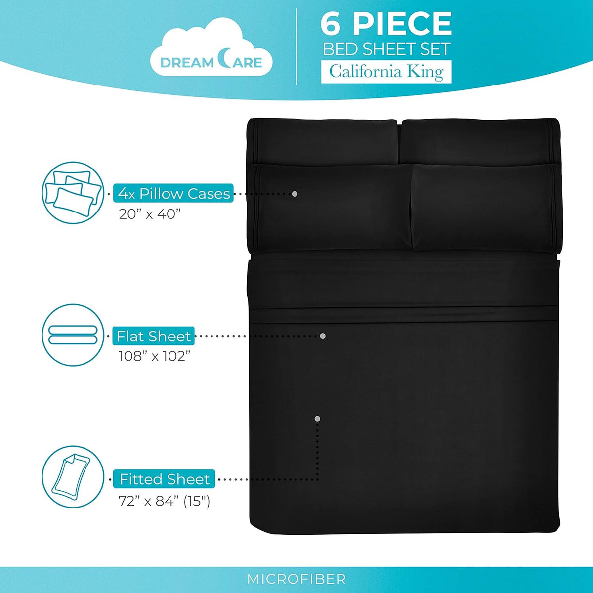 California King Sheet Sets - 6 Pcs Breathable Cooling Sheets | up to 15" Extra Deep California King Sheets with Side Pockets - Extra Soft 100% Double Brushed Hotel Luxury Bedding – Black
