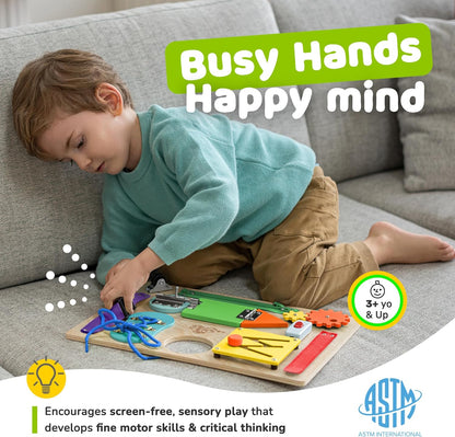 Montessori Busy Board, Premium Wooden Sensory Toy | Busy Board for 3 Year Old with 10 Educational Activities for Fine Motor Skills, Travel Toy