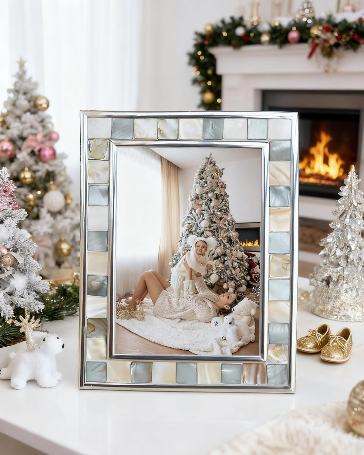 Mother of Pearl Picture Frame 6X8, Grey + White, 1Pc | Silver Plate Wall or Tabletop Frame, Wedding Photo Frame, Mosaic Glass Beach Frame, Holiday Gift