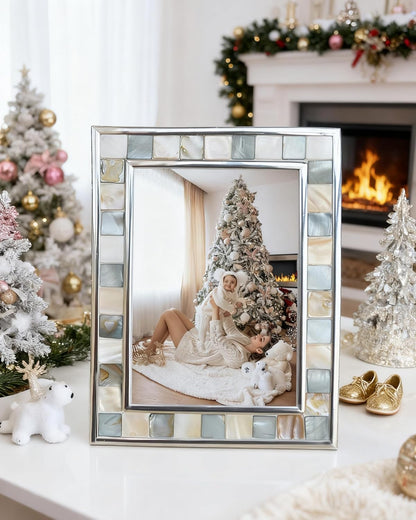 Mother of Pearl Picture Frame 6X8, Grey + White, 1Pc | Silver Plate Wall or Tabletop Frame, Wedding Photo Frame, Mosaic Glass Beach Frame, Holiday Gift