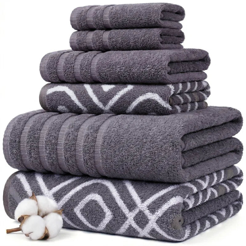 Oxford 6-Piece Yarn Dyed Jacquard & Solid Towel Set – 100% Cotton, Quick Dry & Absorbent Bath, Hand & Washcloths