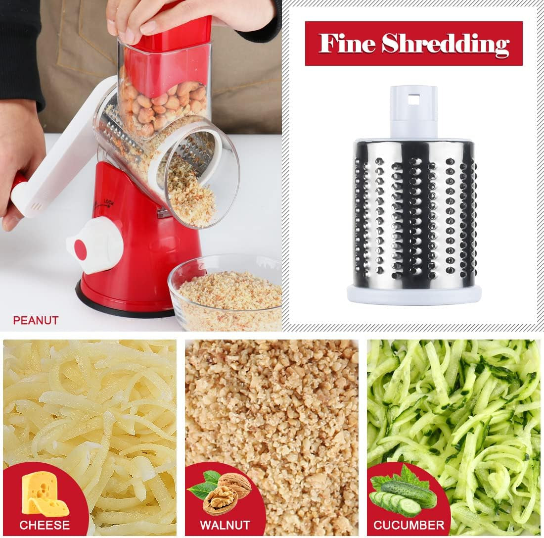Rotary Cheese Grater Hand Crank, Kitchen Shredder Speed Mandolin Slicer Nut Grinder with Handle and Drum Blades for Cheese, Vegetable, Walnut, Chocolate, Potato, Carrot, 3 Blades, Red