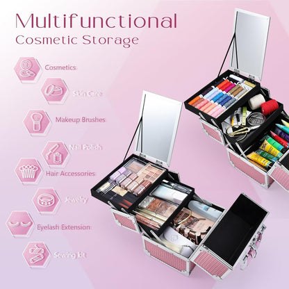 Makeup Case Organizer Makeup Box Cosmetic Train Case with Mirror | Cosmetic Box Portable Makeup Box Organizer 2 Trays Makeup Storage with Locking for Makeup Artist Nail Tech Kits Mermaid Pink