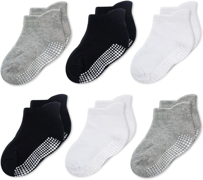 Baby & Toddler Socks with Grippers Non Slip Ankle Grip Socks for Boys and Girls - Comfy Soft Cotton - 6 Pack