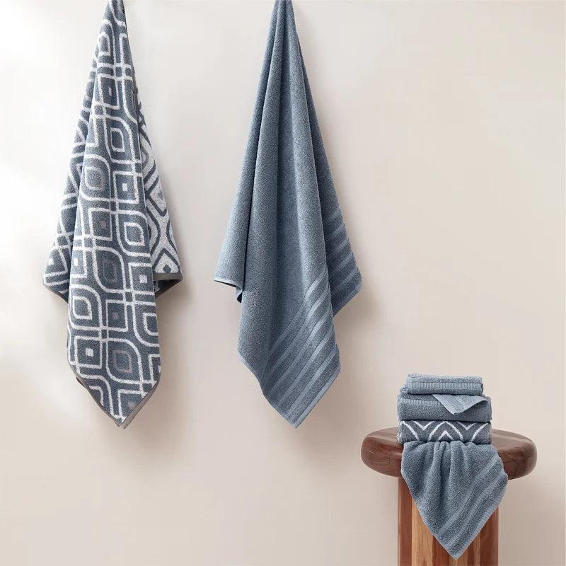 Oxford 6-Piece Yarn Dyed Jacquard & Solid Towel Set – 100% Cotton, Quick Dry & Absorbent Bath, Hand & Washcloths