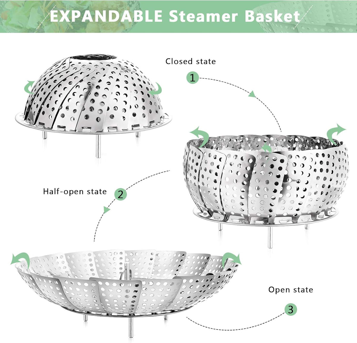 Stainless Steel Folding Vegetable Steamer Insert (Fits Pots 6" to 10")