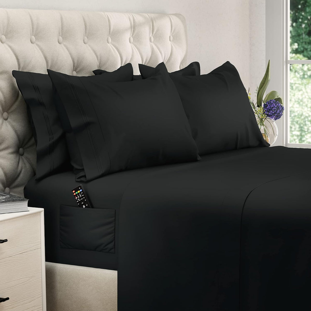California King Sheet Sets - 6 Pcs Breathable Cooling Sheets | up to 15" Extra Deep California King Sheets with Side Pockets - Extra Soft 100% Double Brushed Hotel Luxury Bedding – Black