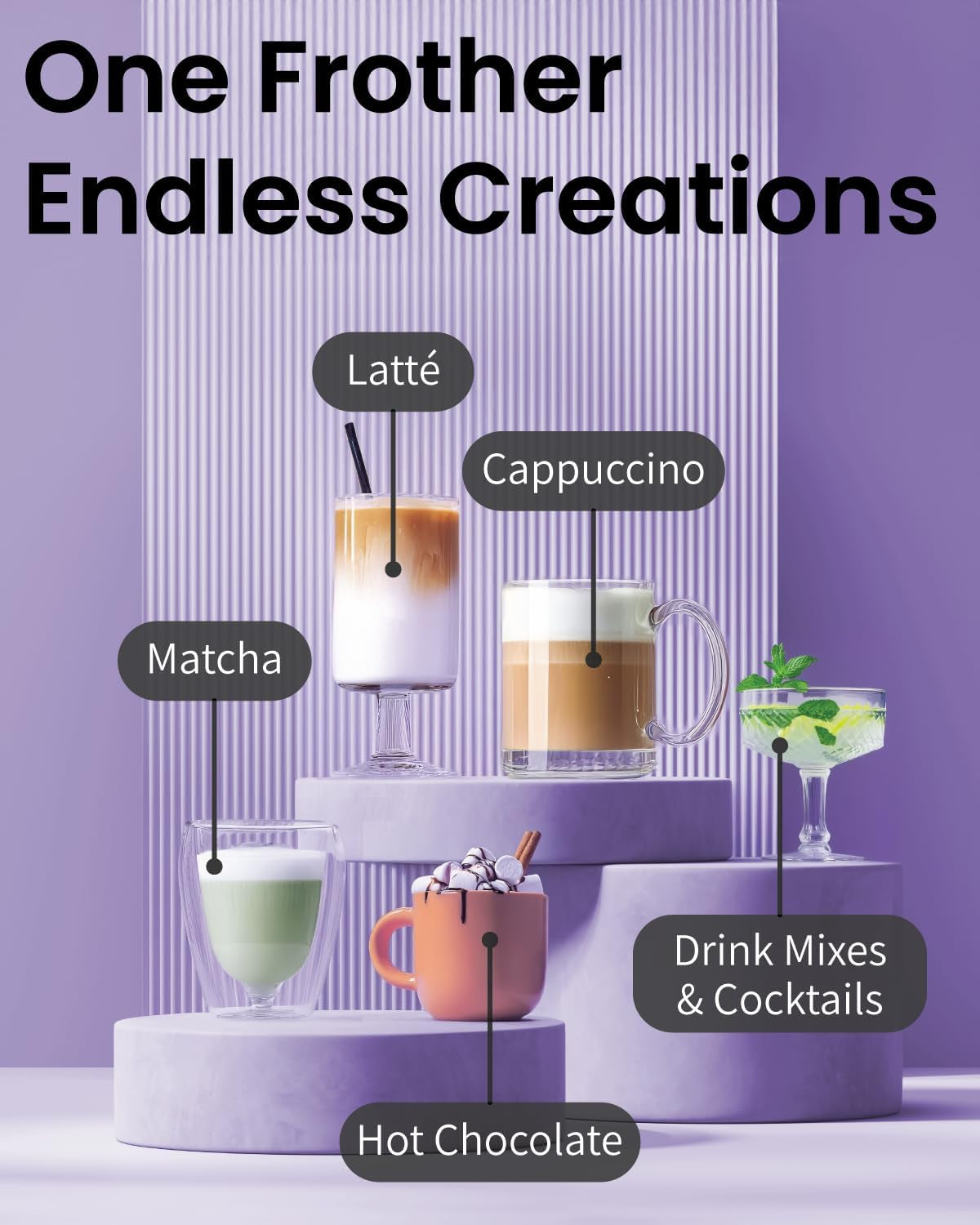 Milk Frother Wand & Electric Stirrer with Stand - Turbo Coffee & Milk Frother Handheld - Hand Held Coffee Mixer Wand & Cold Foam Maker for Frothy Cappuccinos, Lattes & Drink Mixes at Home (Black)