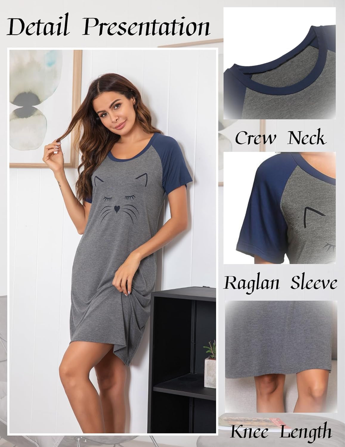 Nightgowns for Women Short Sleeve Night Dress Printed Sleepwear | Crewneck Night Gown Ladies Sleep Shirts Soft Sleepwear Lightweight & Casual Pajama Dress Cute Printed