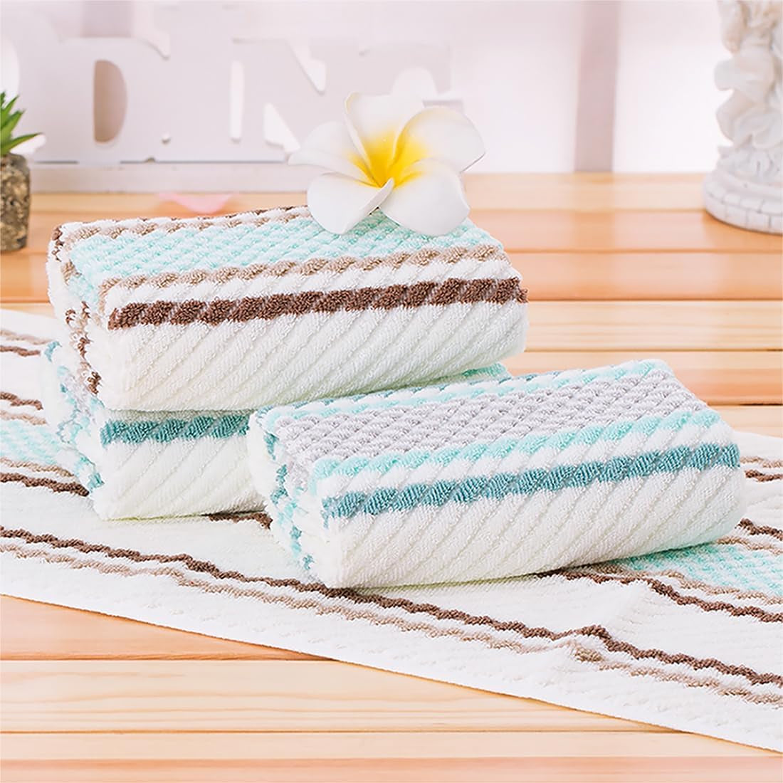 Hand Towels Set of 4 Striped Pattern 100% Cotton Soft Absorbent Decorative Towel for Bathroom (Green and Brown)