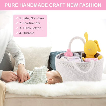 Baby Diaper Caddy, Nursery Storage Bin and Car Organizer for Diapers and Baby Wipes, Cotton Rope Diaper Basket Caddy, Changing Table Diaper Storage Caddy
