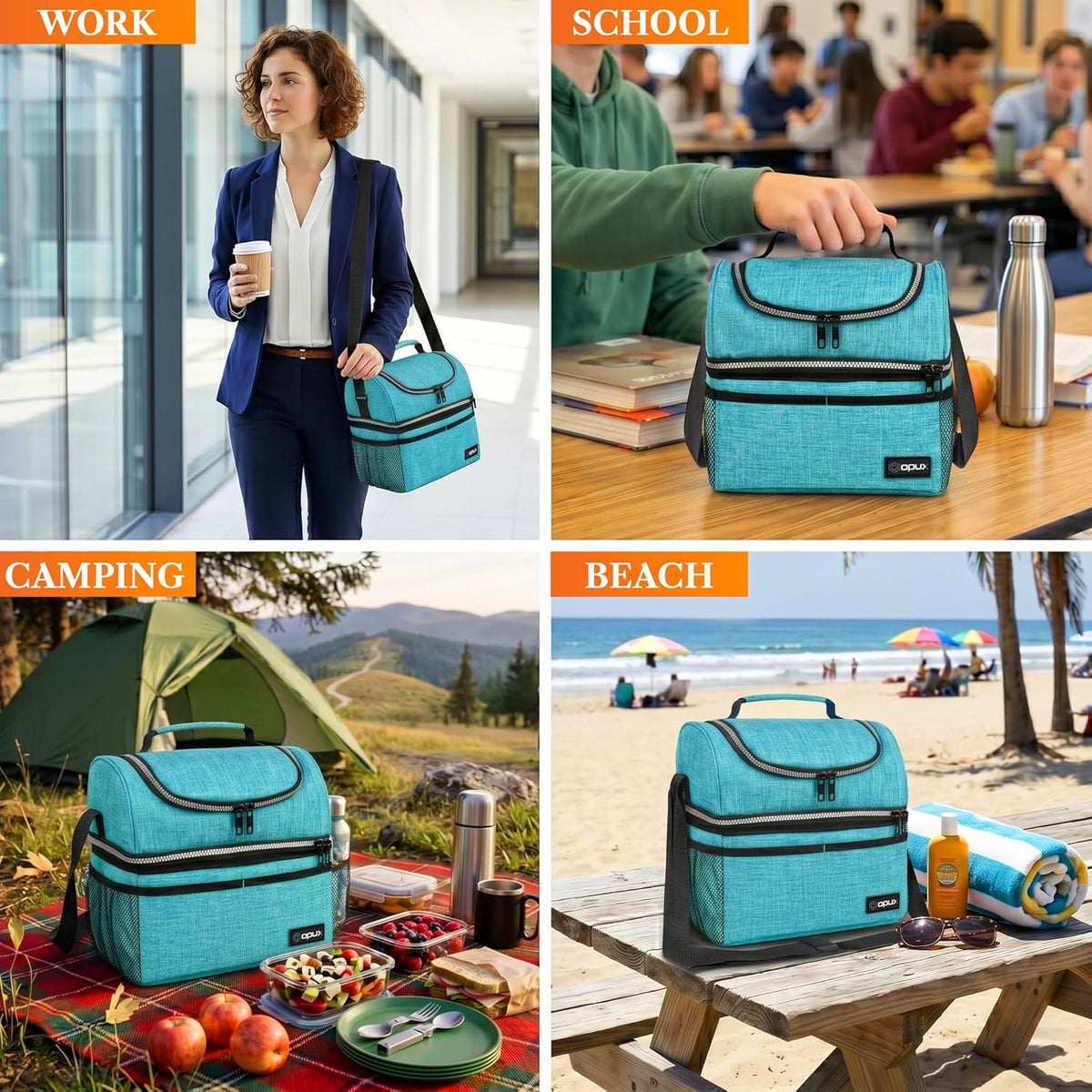 Insulated Lunch Bag for Men Women, Double Decker Leakproof, Teal Blue | Lunch Box Cooler Tote with Shoulder Strap, Large Lunchbox for Work School Travel Meal Prep, Adults Kids Boys Girls, 16 Cans