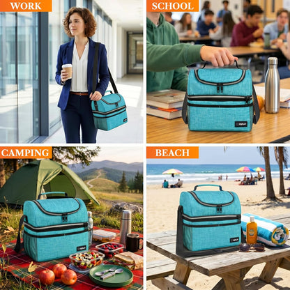 Insulated Lunch Bag for Men Women, Double Decker Leakproof, Teal Blue | Lunch Box Cooler Tote with Shoulder Strap, Large Lunchbox for Work School Travel Meal Prep, Adults Kids Boys Girls, 16 Cans