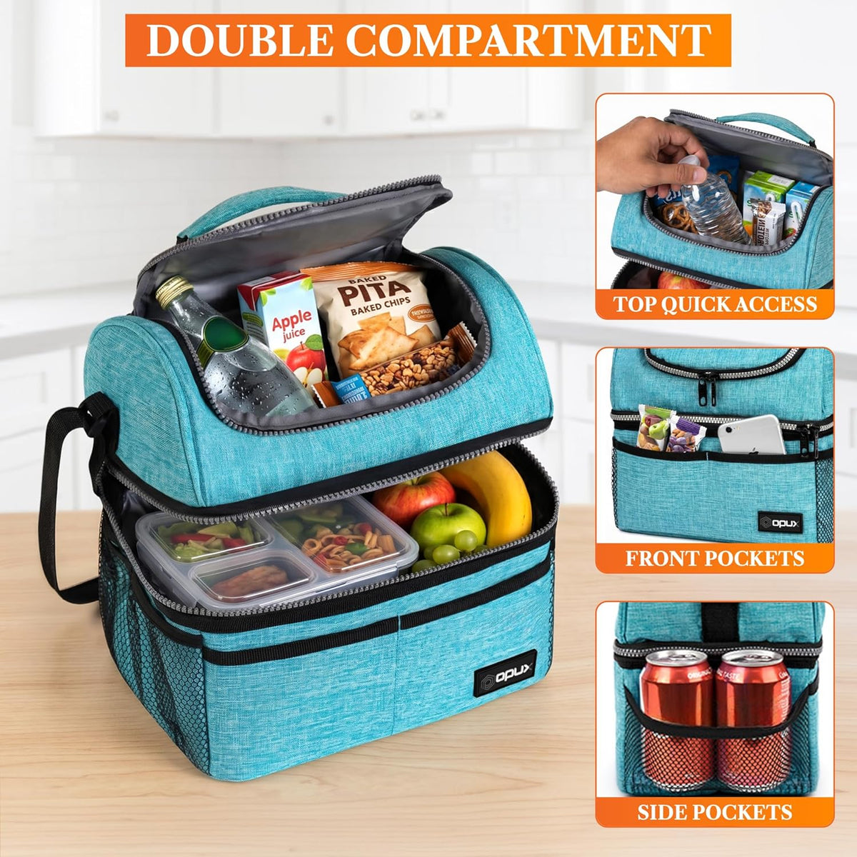 Insulated Lunch Bag for Men Women, Double Decker Leakproof, Teal Blue | Lunch Box Cooler Tote with Shoulder Strap, Large Lunchbox for Work School Travel Meal Prep, Adults Kids Boys Girls, 16 Cans