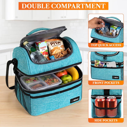 Insulated Lunch Bag for Men Women, Double Decker Leakproof, Teal Blue | Lunch Box Cooler Tote with Shoulder Strap, Large Lunchbox for Work School Travel Meal Prep, Adults Kids Boys Girls, 16 Cans