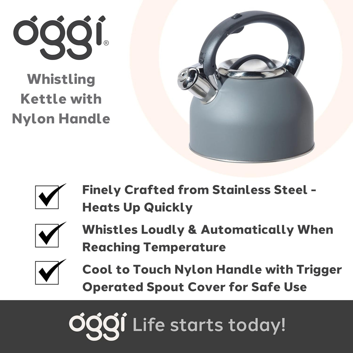 OGGI Tea Kettle for Stove Top - 64Oz / 1.9Lt, Stainless Steel with Loud Whistle, Ideal Hot Water Kettle and Water Boiler - Gray