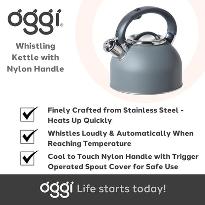 OGGI Tea Kettle for Stove Top - 64Oz / 1.9Lt, Stainless Steel with Loud Whistle, Ideal Hot Water Kettle and Water Boiler - Gray