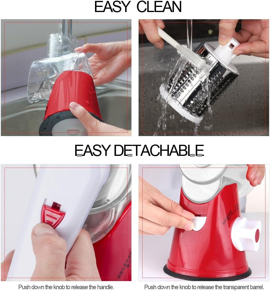 Rotary Cheese Grater Hand Crank, Kitchen Shredder Speed Mandolin Slicer Nut Grinder with Handle and Drum Blades for Cheese, Vegetable, Walnut, Chocolate, Potato, Carrot, 3 Blades, Red