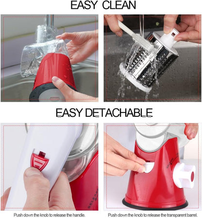 Rotary Cheese Grater Hand Crank, Kitchen Shredder Speed Mandolin Slicer Nut Grinder with Handle and Drum Blades for Cheese, Vegetable, Walnut, Chocolate, Potato, Carrot, 3 Blades, Red