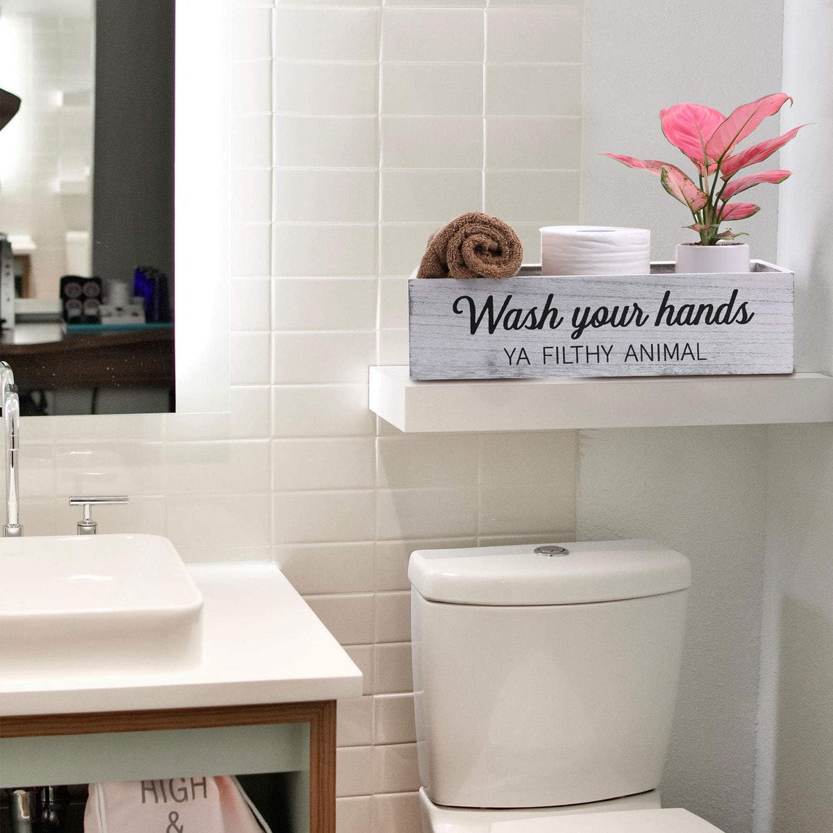 Bathroom Decor Box, Toilet Paper Basket with 2 Sides Signs, Farmhouse Tank Topper, Rustic Home Decor for Livingroom Kitchen (One Whitewashed Box)