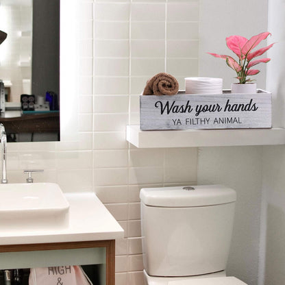 Bathroom Decor Box, Toilet Paper Basket with 2 Sides Signs, Farmhouse Tank Topper, Rustic Home Decor for Livingroom Kitchen (One Whitewashed Box)