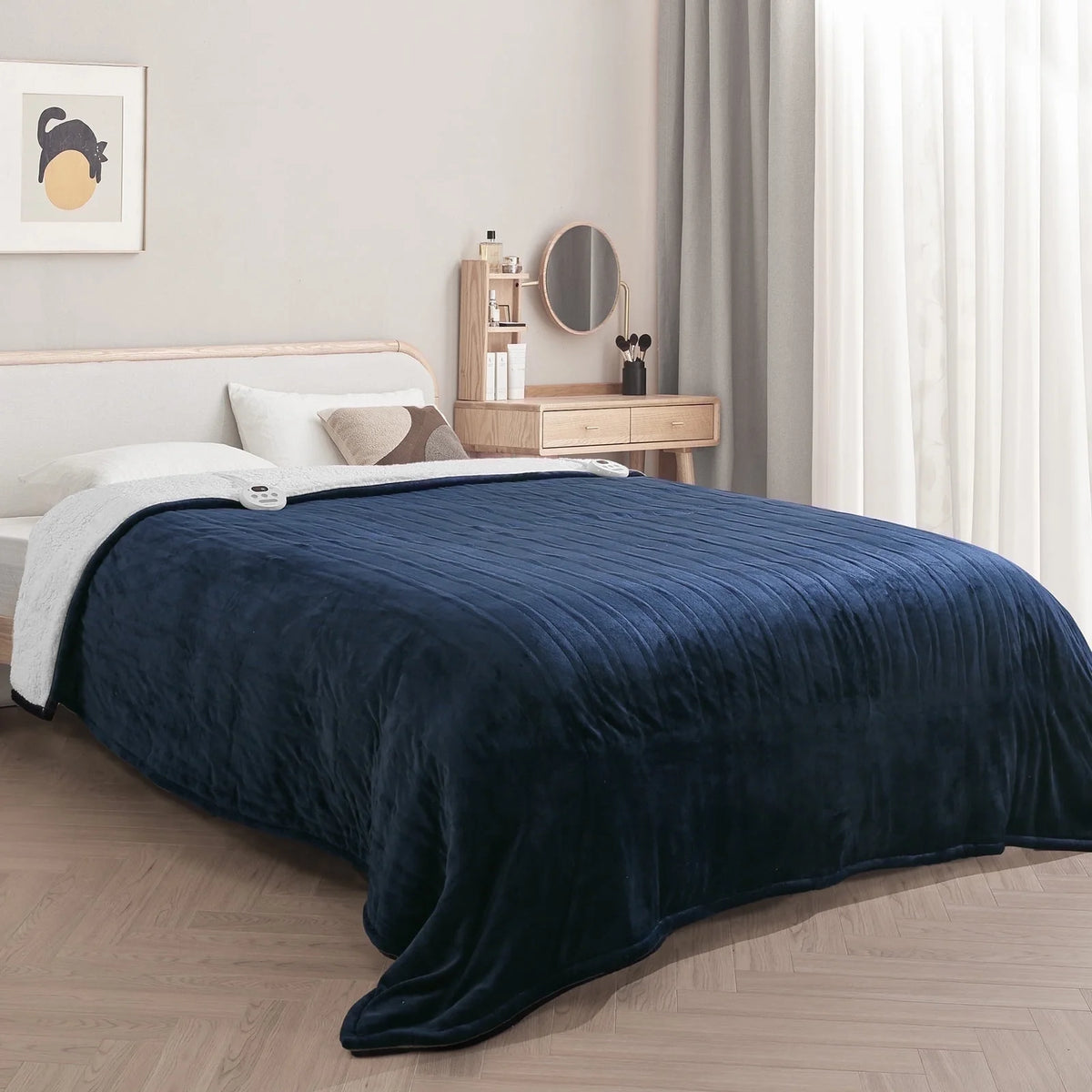 Electric Heated Blanket King Size 90''X100'', Fast Heating with Dual Controllers, 10 Heating Levels, 10H Timers, Preheat Function - Dark Blue