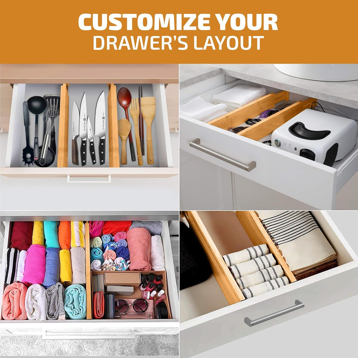 4-Pack Drawer Divider - 2.6" High, 16" to 22" Adjustable Bamboo Drawer Organizers for Clothes, Expandable Dresser Separators in Bedroom/Bathroom/Kitchen/Office Organization and Storage