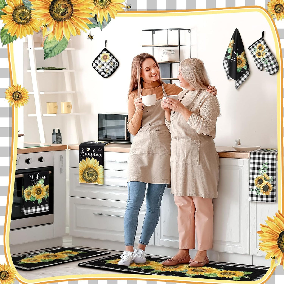 10 Pcs Sunflower Kitchen Decor Set Black Buffalo Plaid