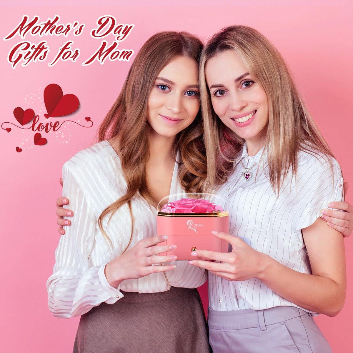 Pink Preserved Rose with Necklace, Heart Shaped Jewelry Box Set for Women | Surprise Her with a Beautiful Red Rose and Heart Charm Pendant, Comes with Pink Card and Gift Wrapping, for Anniversaries