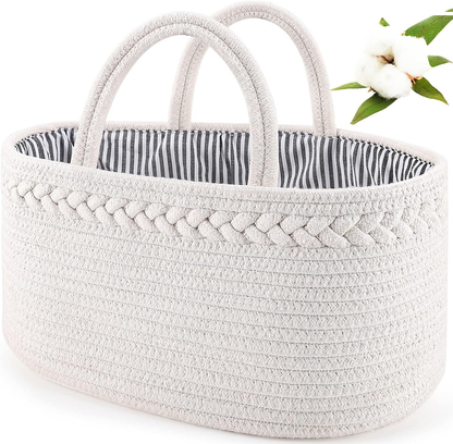 Baby Diaper Caddy, Nursery Storage Bin and Car Organizer for Diapers and Baby Wipes, Cotton Rope Diaper Basket Caddy, Changing Table Diaper Storage Caddy
