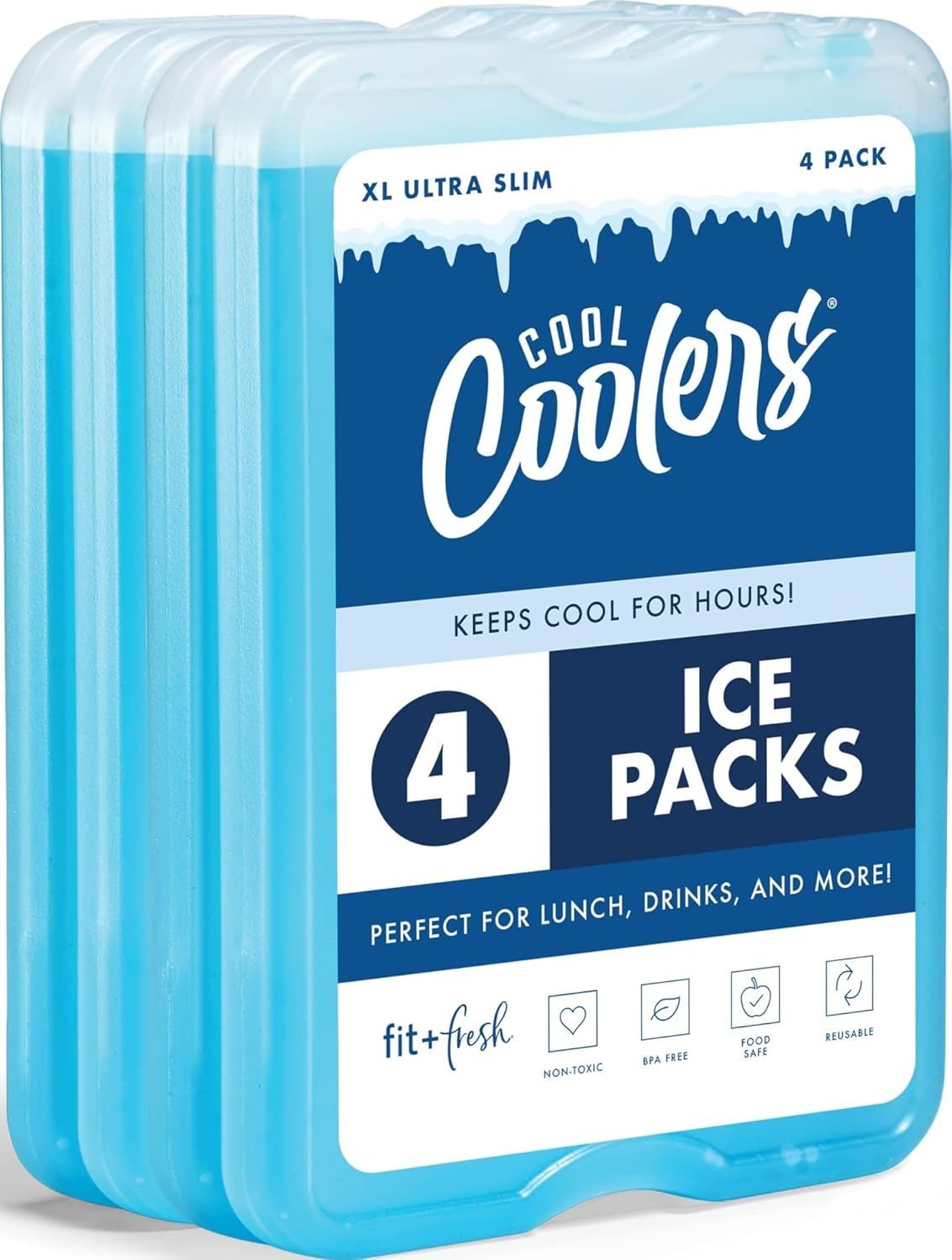 Cool Coolers by  4 Pack XL Slim Ice Packs, Quick Freeze Space Saving Reusable Ice Packs for Lunch Boxes or Coolers