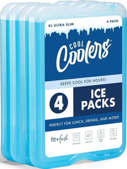 Cool Coolers by  4 Pack XL Slim Ice Packs, Quick Freeze Space Saving Reusable Ice Packs for Lunch Boxes or Coolers
