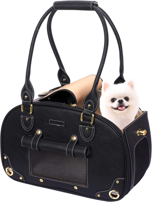 Dog Carrier Purse, Pet Carrier, Foldable Waterproof Premium PU Leather Pet Travel Portable Bag Carrier for Cat and Small Dog Home & Outdoor Small Black