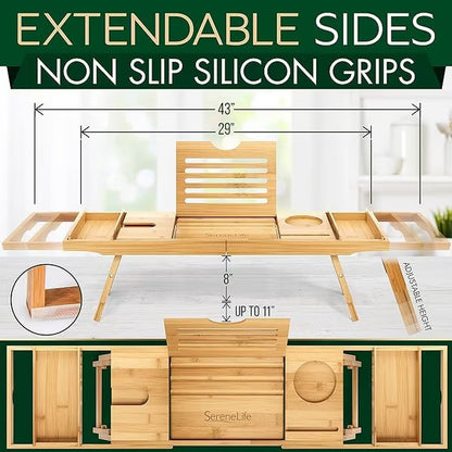Bath Caddy Breakfast Tray Combo - Natural Bamboo Wood Waterproof Tub and Bed with Folding Slide-Out Arms, Device Grooves, Wine Glass Soap Holder