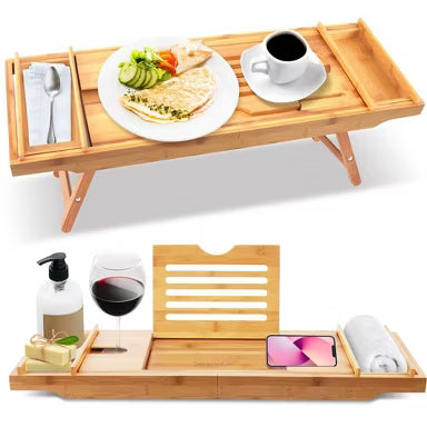 Bath Caddy Breakfast Tray Combo - Natural Bamboo Wood Waterproof Tub and Bed with Folding Slide-Out Arms, Device Grooves, Wine Glass Soap Holder