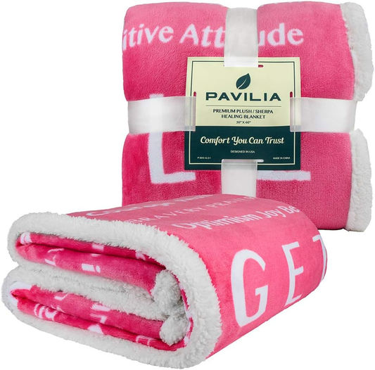 Healing Blanket, Get Well Soon Gift, Soft Hug Compassion Sherpa Throw Blanket for Women Men, Comfort Caring Inspirational Patient Blanket, Positive Thoughts Prayer Throw, Pink