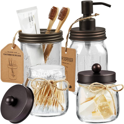 Mason Jar Bathroom Accessories Set, 4Pcs Glass Bathroom Set,Bronze | Lotion Soap Dispenser, 2 Cotton Swab Holder, Toothbrush Holder, Farmhouse Rustic Bathroom Decor, Countertop Vanity Organizer