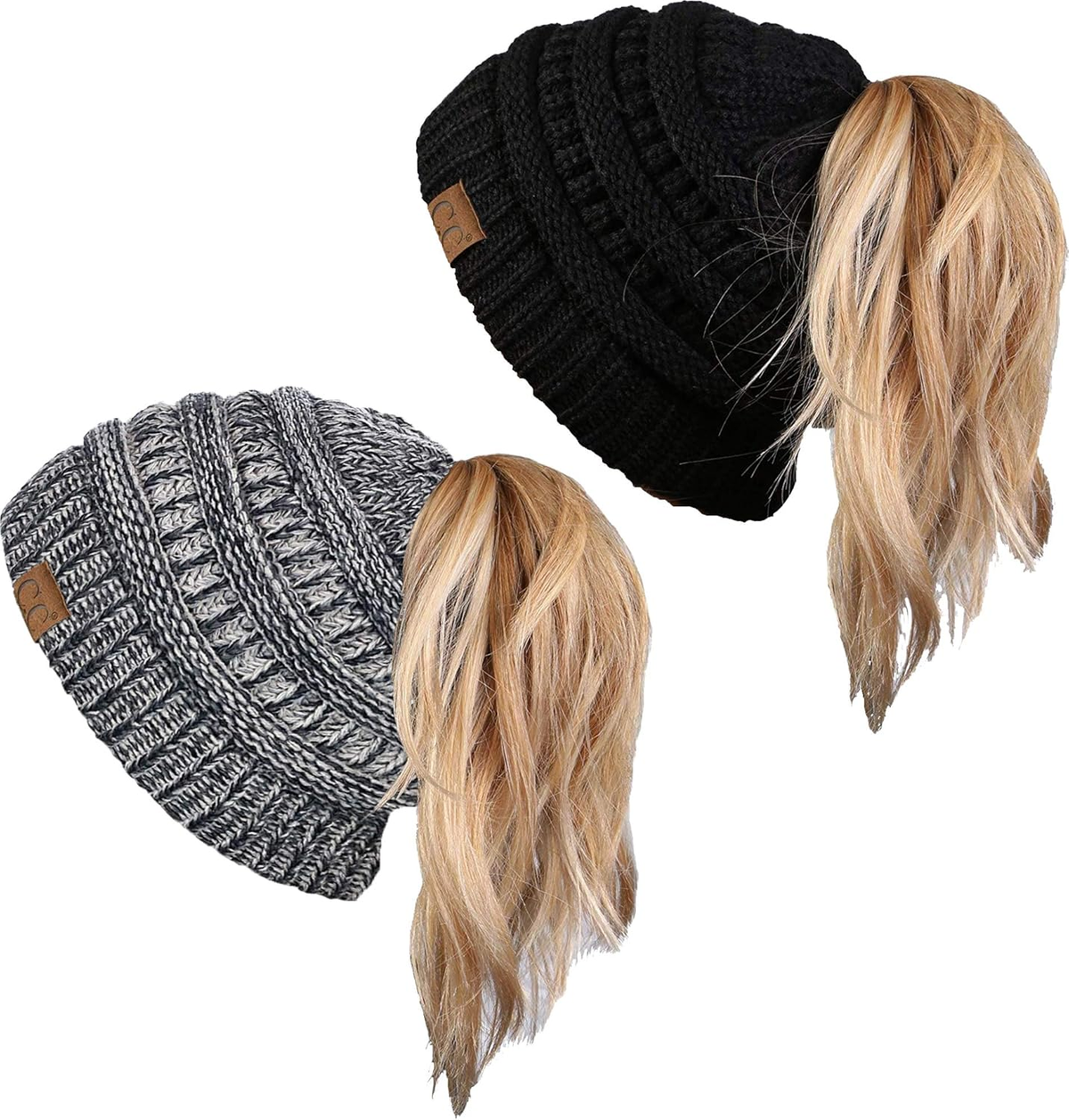 Ponytail Beanie for Women - Winter Hat Soft Stretch Cable Knit High Pony Tail Womens Running Hats