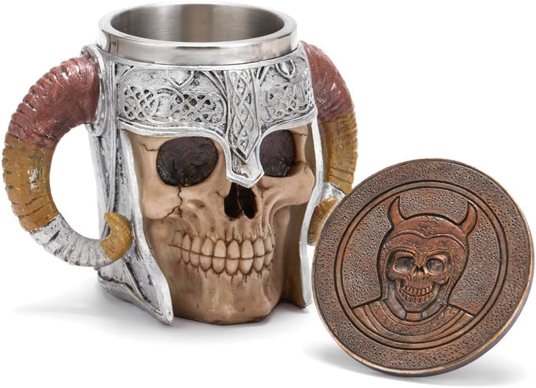 Stainless Steel Viking Skull Mug+Coaster,Double Handle Horn Skull Beer Mug Tankard, Medieval Drinkware Mug for Coffee/Beverage/Juice17Oz.