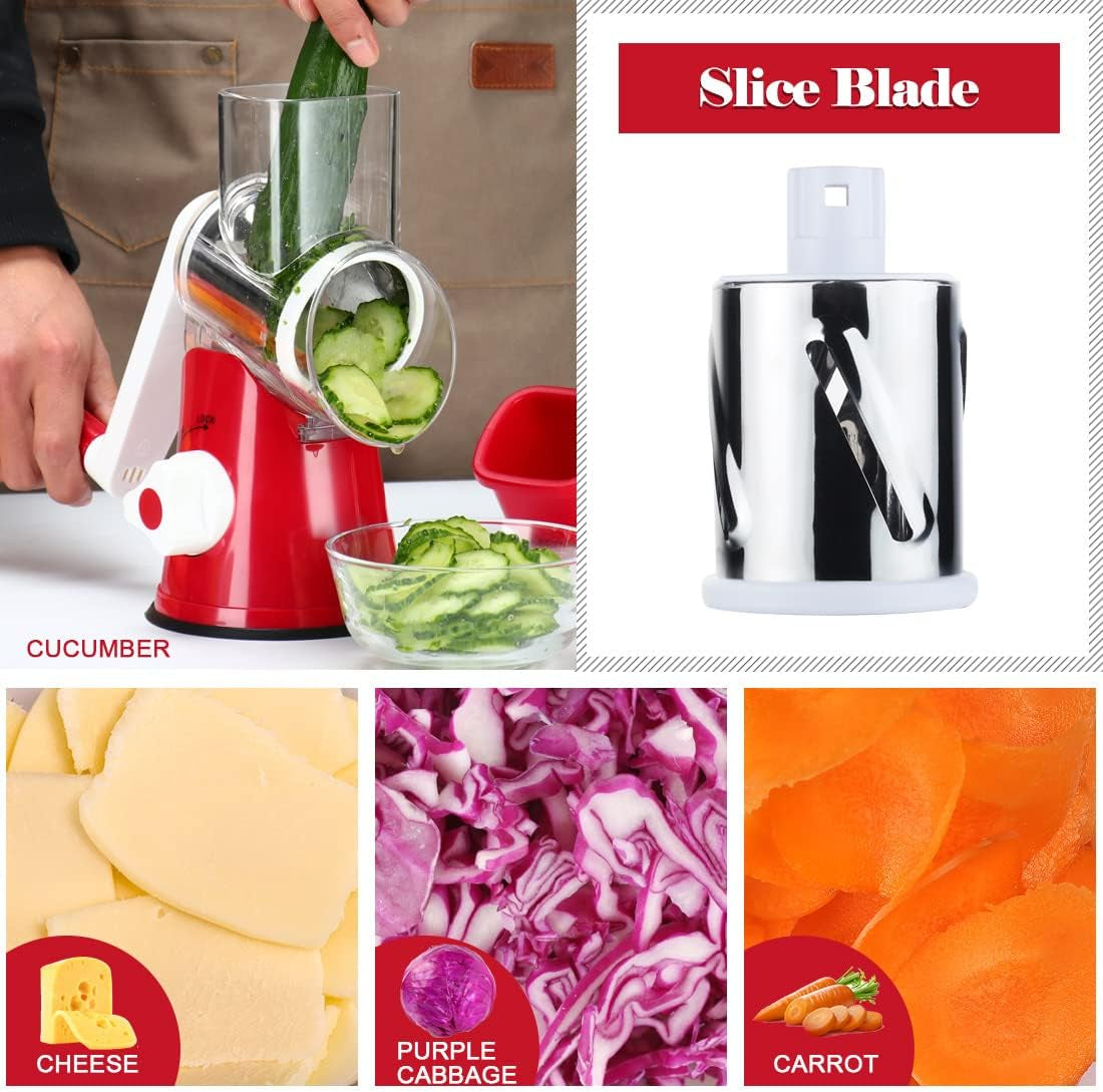 Rotary Cheese Grater Hand Crank, Kitchen Shredder Speed Mandolin Slicer Nut Grinder with Handle and Drum Blades for Cheese, Vegetable, Walnut, Chocolate, Potato, Carrot, 3 Blades, Red